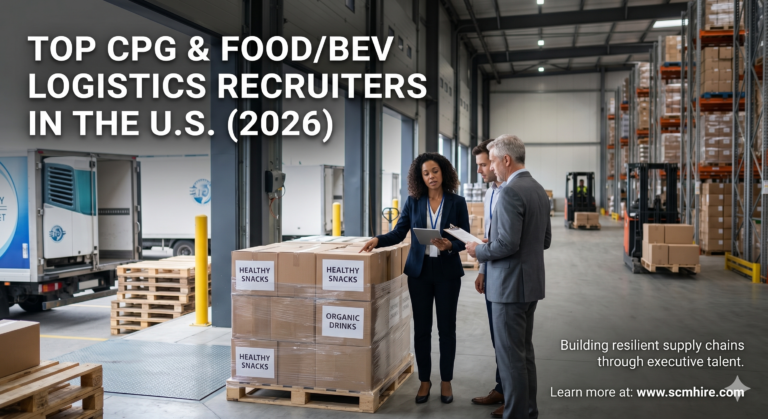 Executive logistics recruiters discussing CPG and food and beverage supply chain distribution inside a modern warehouse fulfillment center.